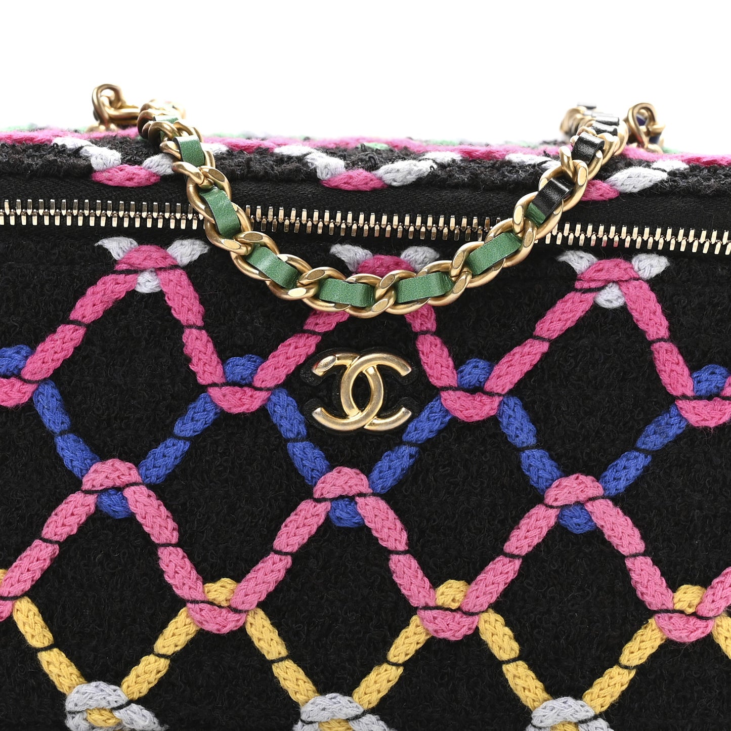 Tweed Diamond Threaded CC Pearl Crush Small Vanity Case With Chain Black Multicolor