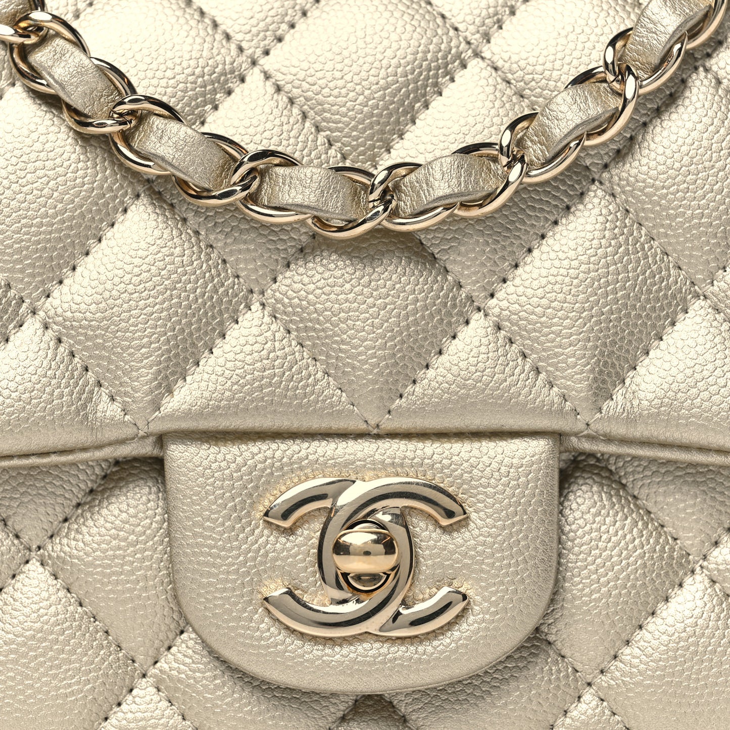 Metallic Caviar Quilted Mini Square Flap Light Gold