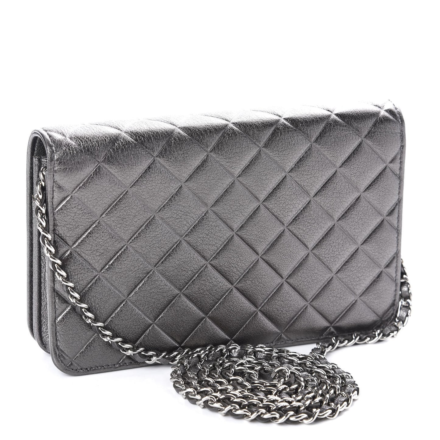 Metallic Goatskin Quilted Diamond CC Wallet On Chain WOC Pewter