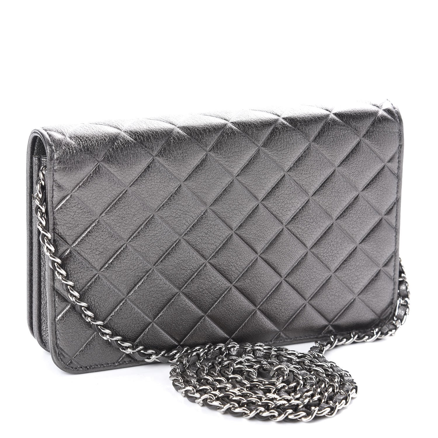 Chanel Metallic Goatskin Quilted Diamond CC Wallet On Chain WOC Pewter 3 of 12