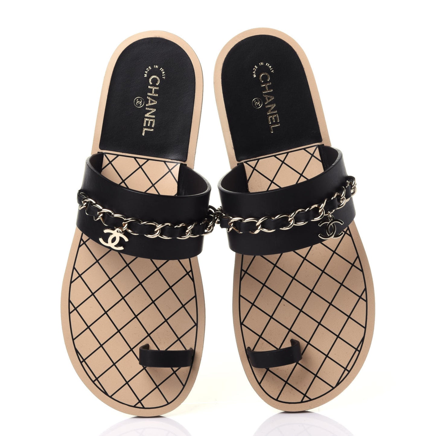 Calfskin Chain CC Logo Toe Ring Sandals 38.5 Black