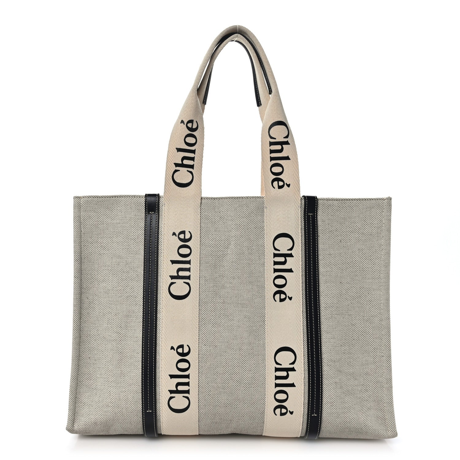 Chloe Cotton Calfskin Large Woody Ribbon Tote White Black 1 of 10