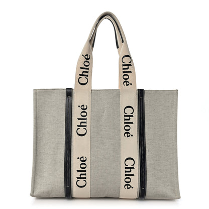Chloe Cotton Calfskin Large Woody Ribbon Tote White Black 1 of 10