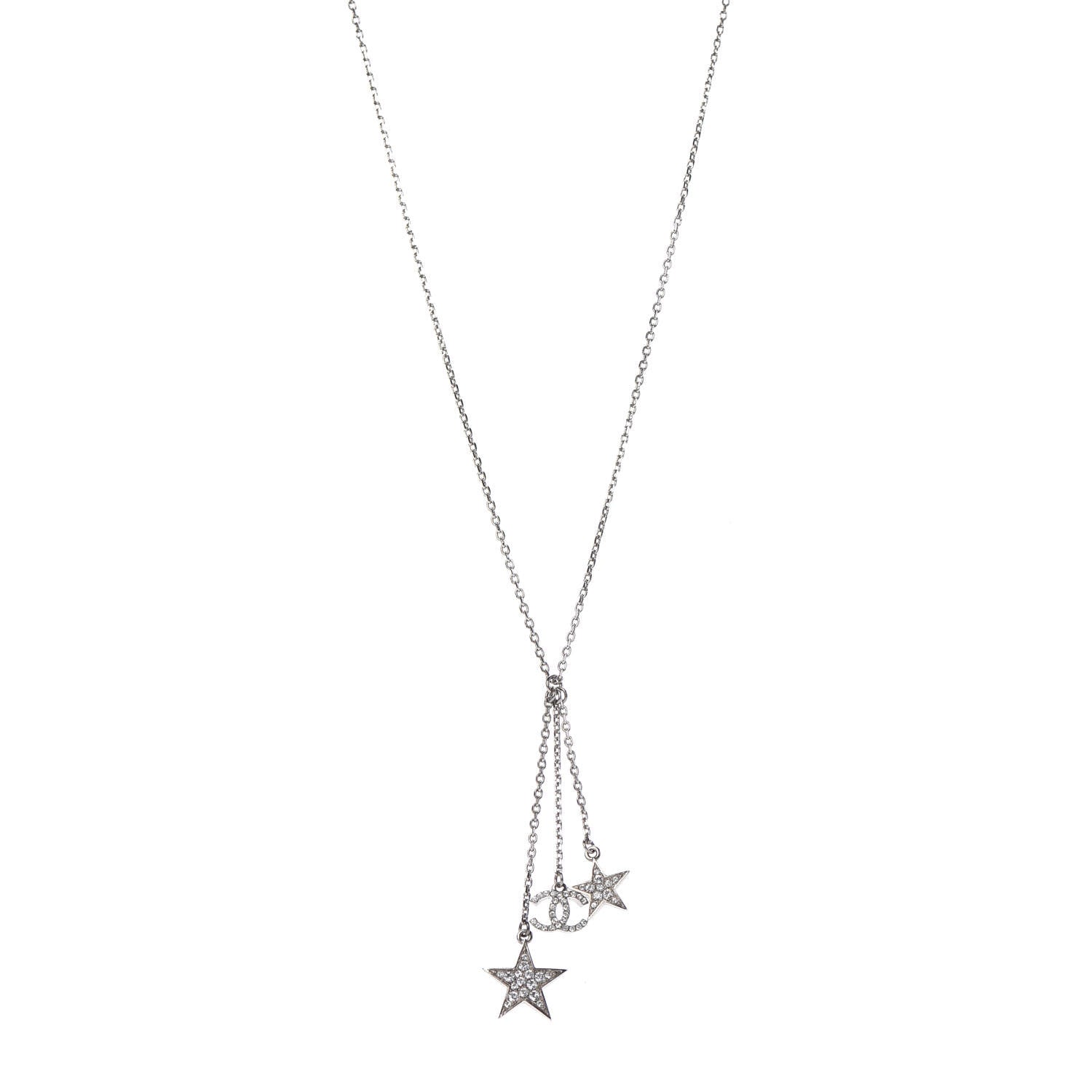 Chanel Crystal Glitter Enamel CC Star Drop Necklace Silver 1 of 5