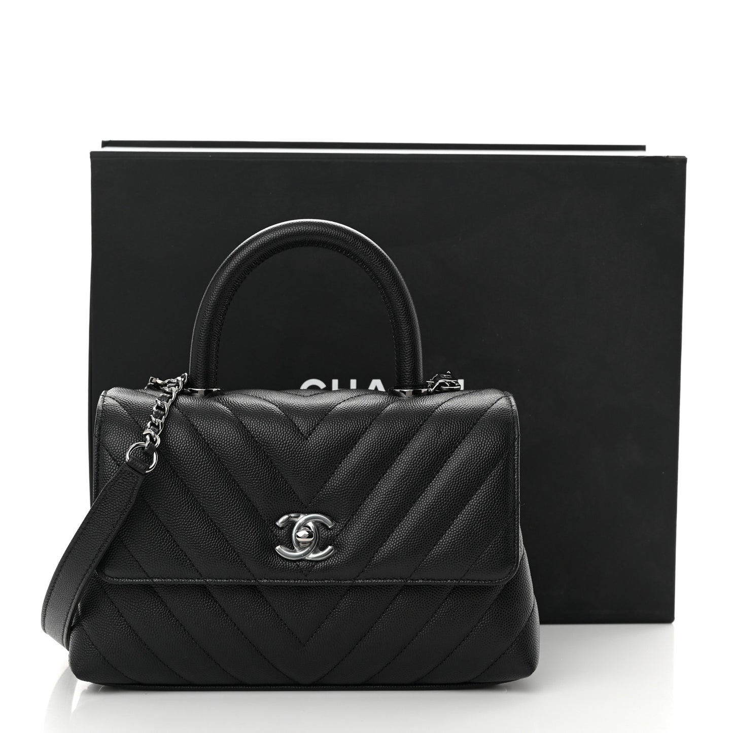 Caviar Chevron Quilted Mini Coco Handle Flap Black