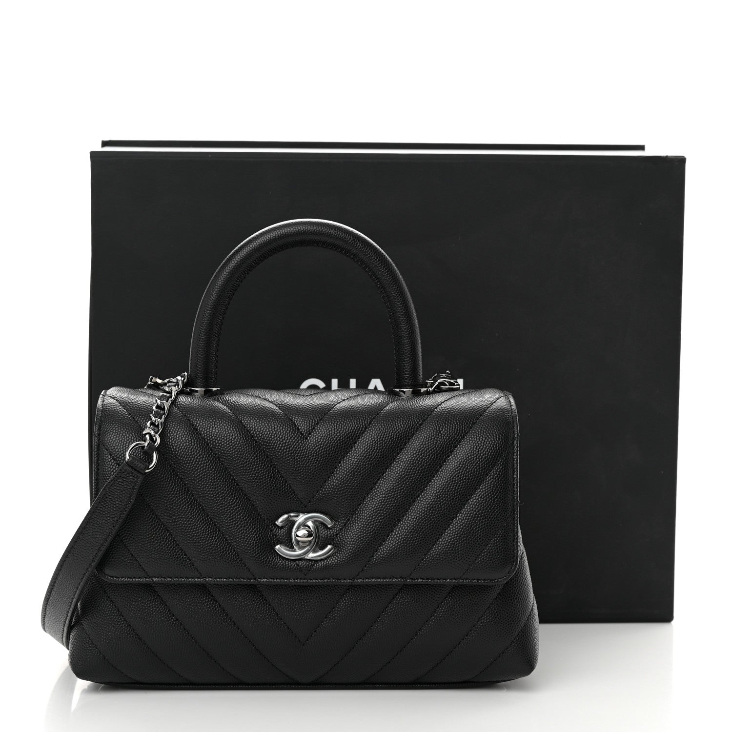 Chanel Caviar Chevron Quilted Mini Coco Handle Flap Black 11 of 11