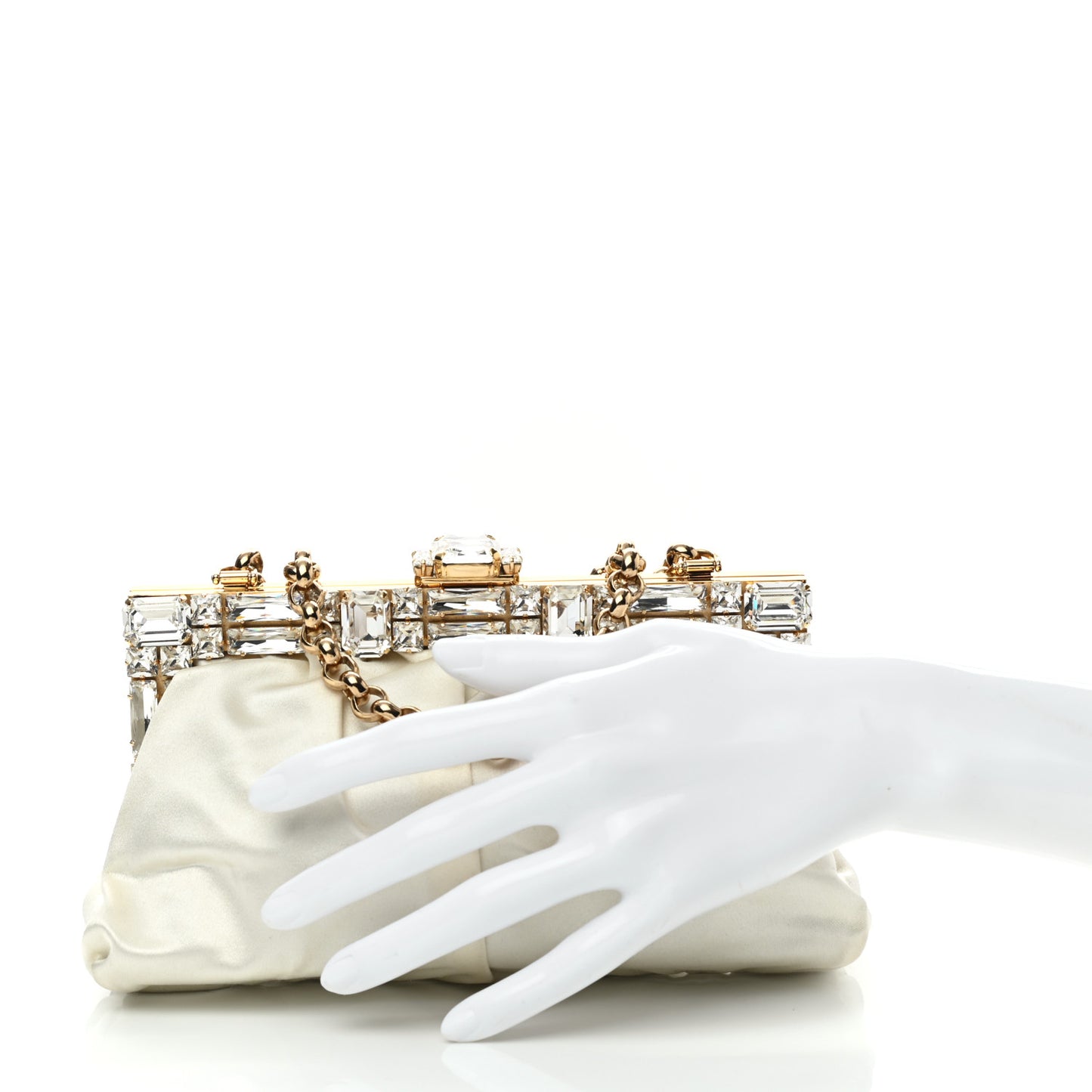 Satin Crystal Embellished Chain Clutch Ivory