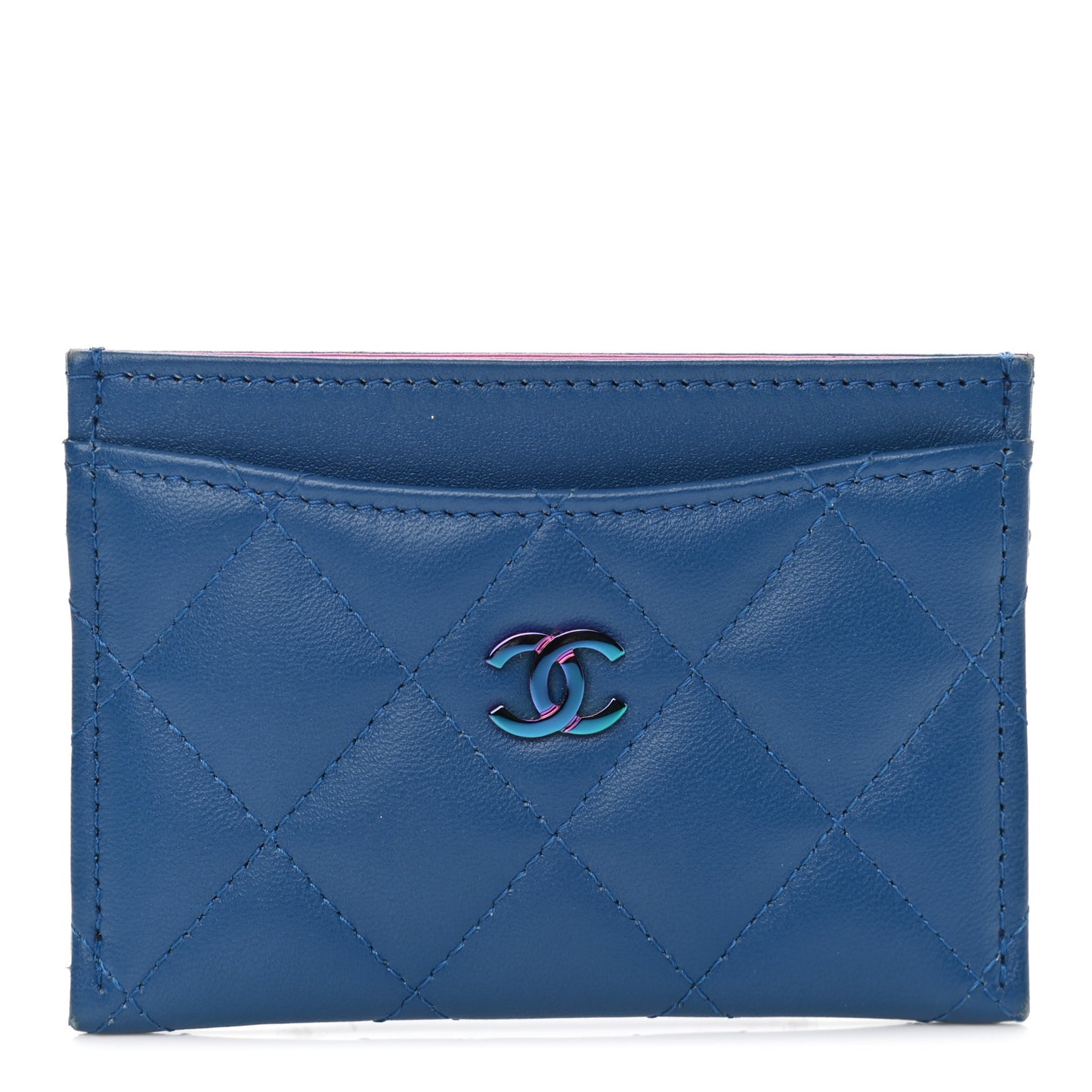 Lambskin Quilted Card Holder Blue Pink