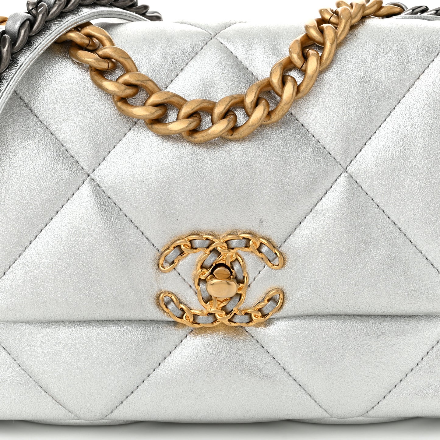Metallic Lambskin Quilted Medium Chanel 19 Flap Silver