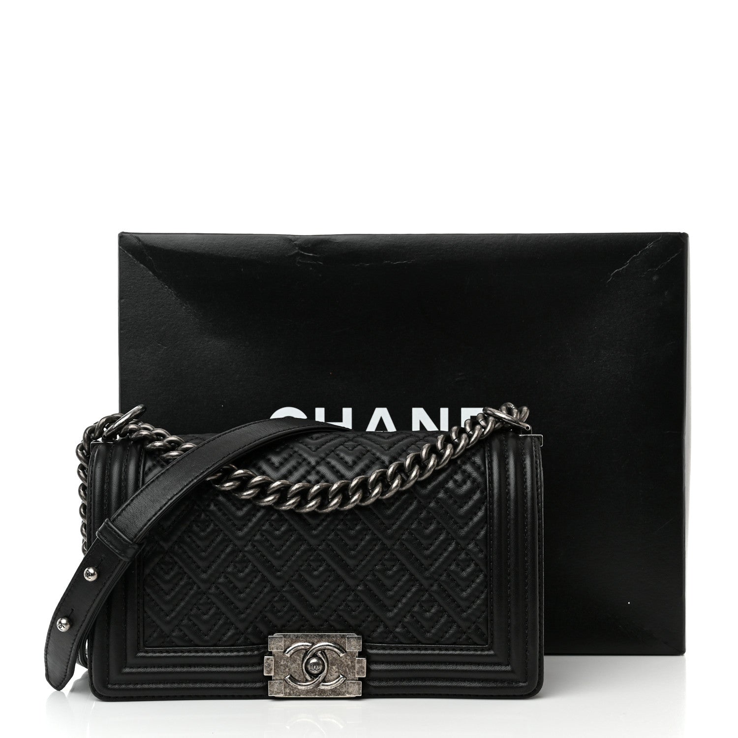 Chanel Lambskin Geometric Chevron Quilted Medium Boy Flap Black 16 of 16