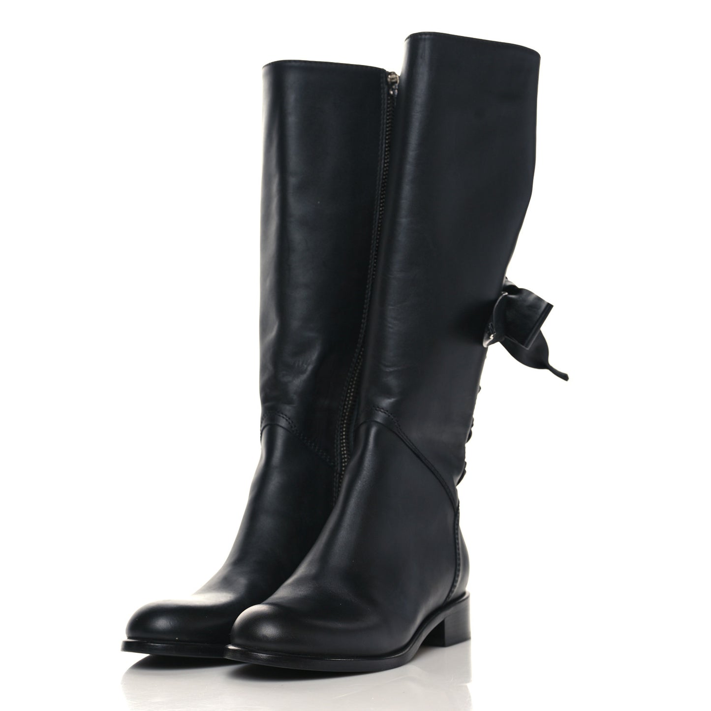 Calfskin Bow Lace Up Back Knee High Tall Boots 35 Black