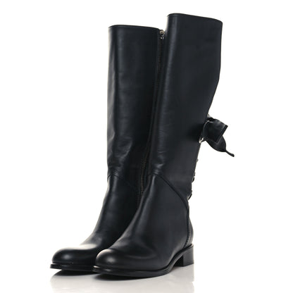 Valentino Garavani Calfskin Bow Lace Up Back Knee High Tall Boots 35 Black 2 of 8