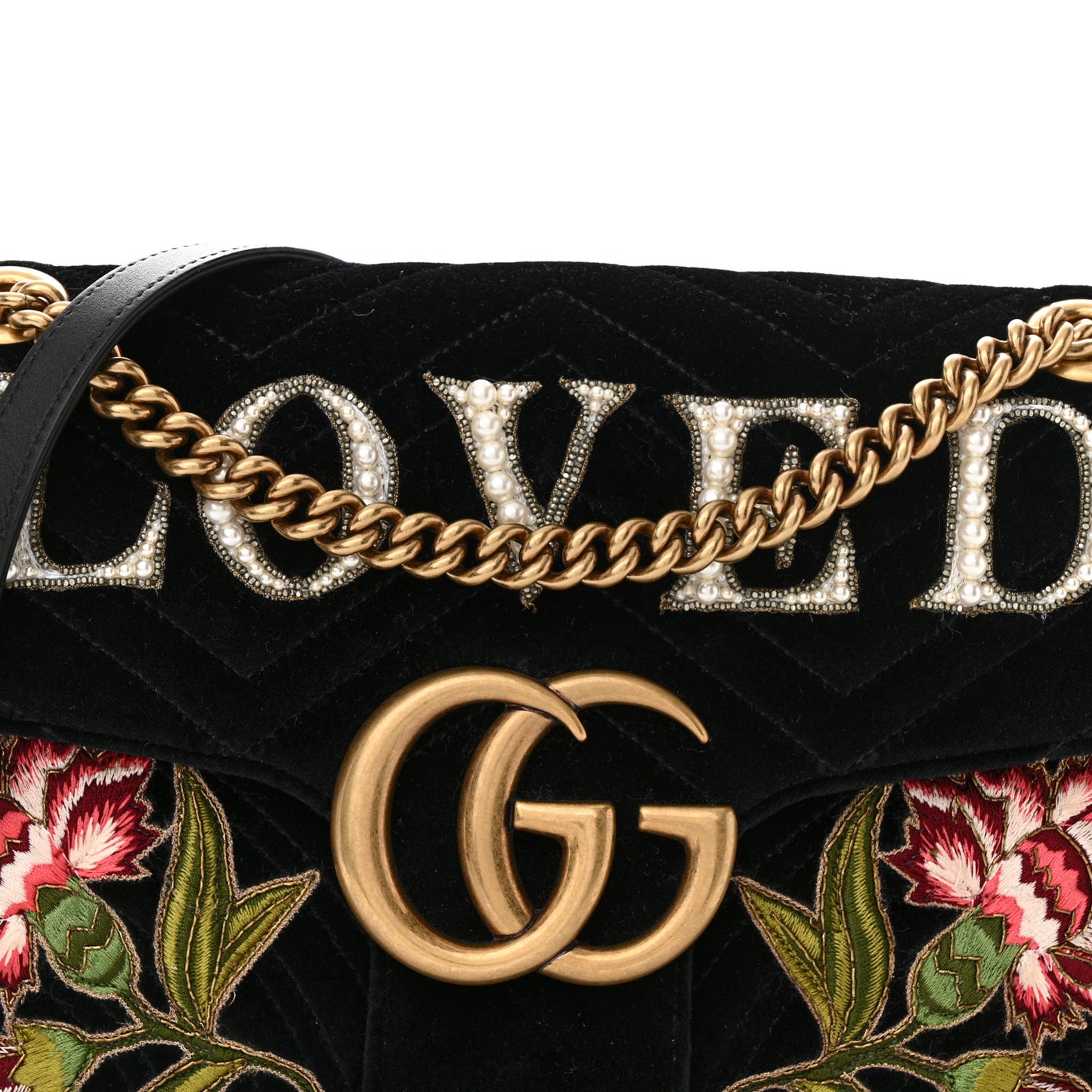 Velvet Matelasse Loved Embroidered Medium GG Marmont Shoulder Bag Black