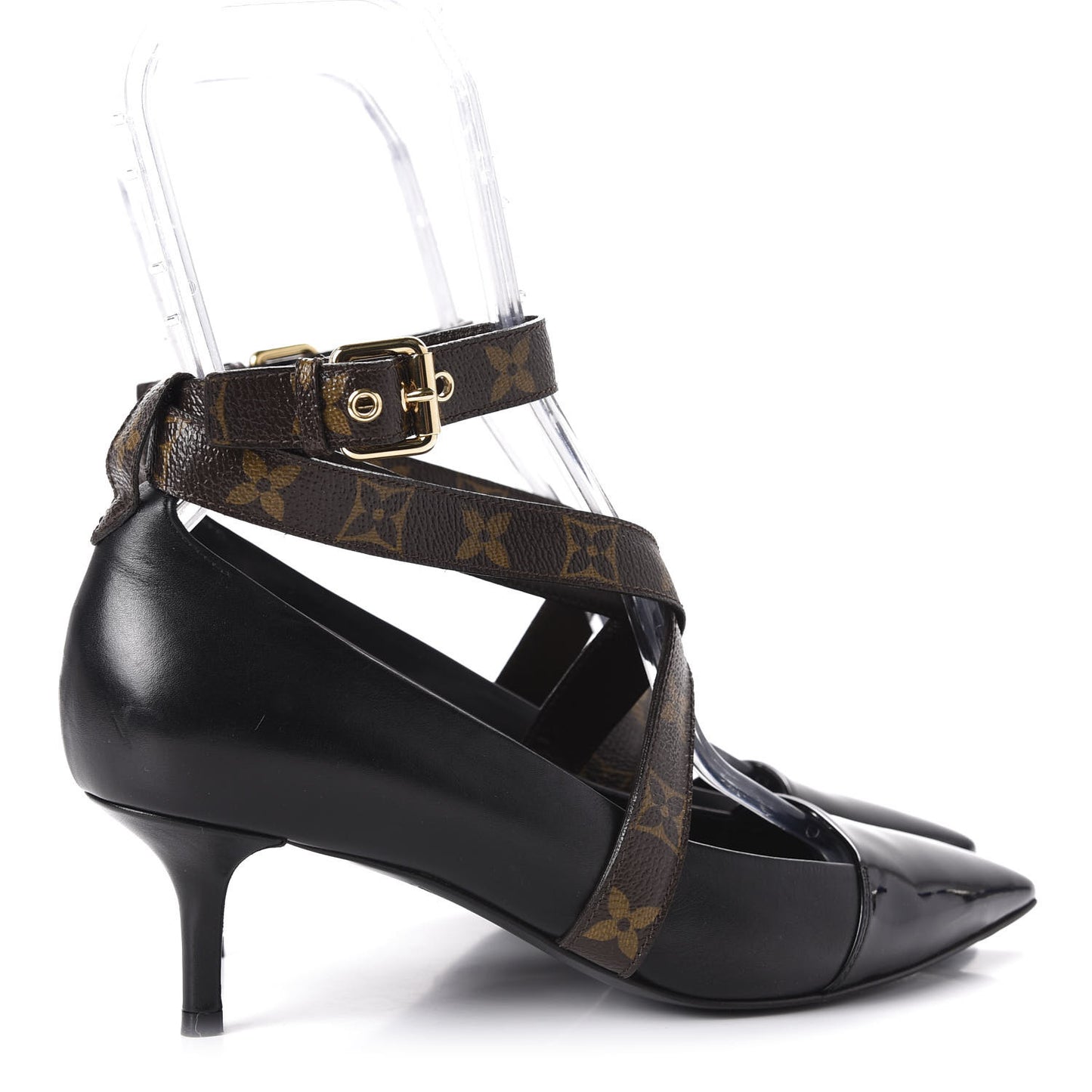 Calfskin Patent Monogram Cross Strap Pumps 39 Black