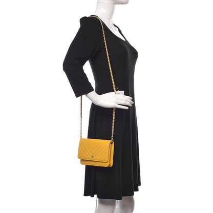 Chanel Caviar Chevron Quilted Wallet On Chain WOC Yellow 2 of 11