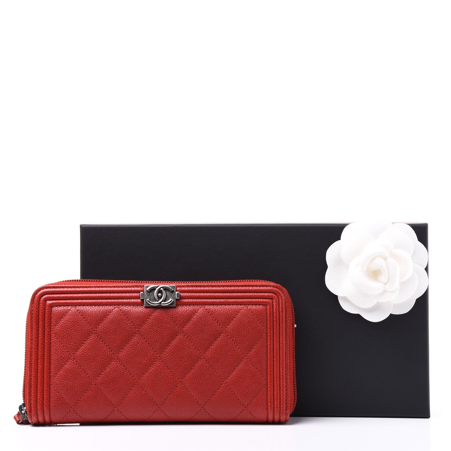 Chanel Caviar Quilted Large Boy Zip Around Wallet Red 11 of 11