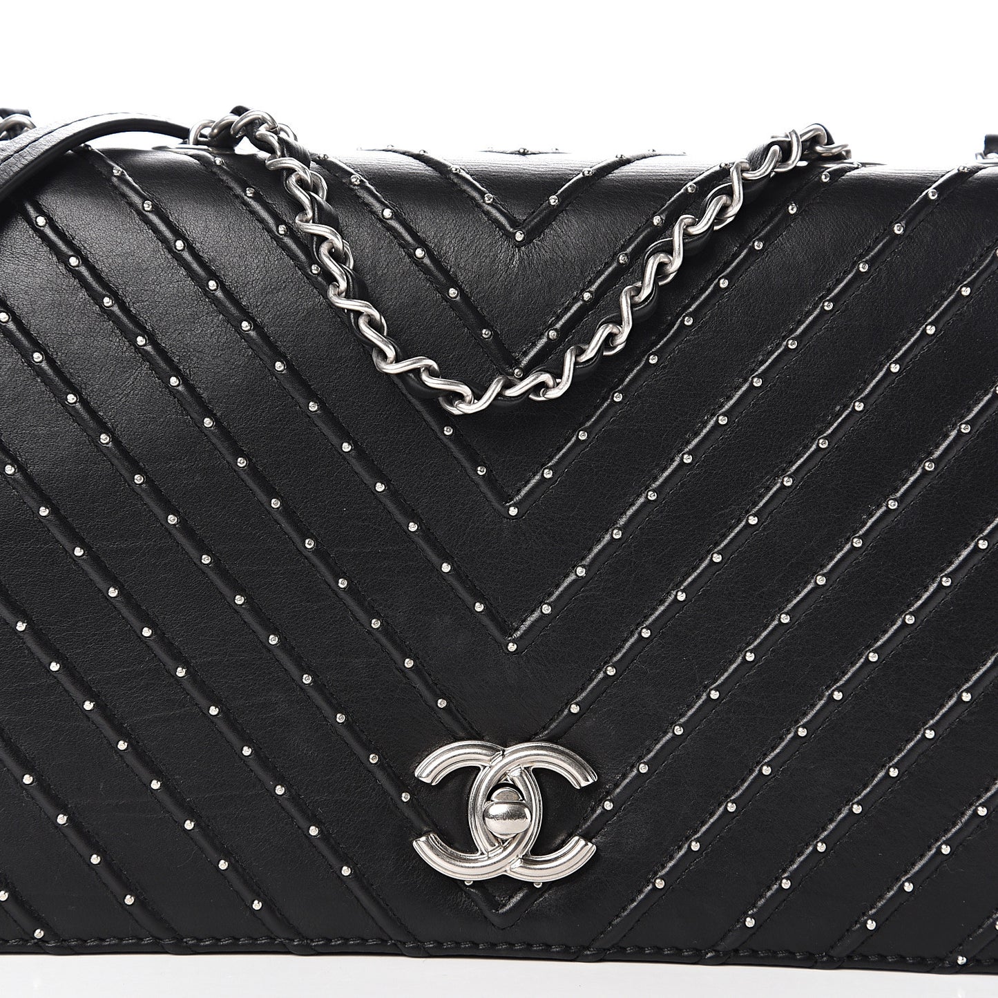 Calfskin Studded Chevron Quilted Flap Black