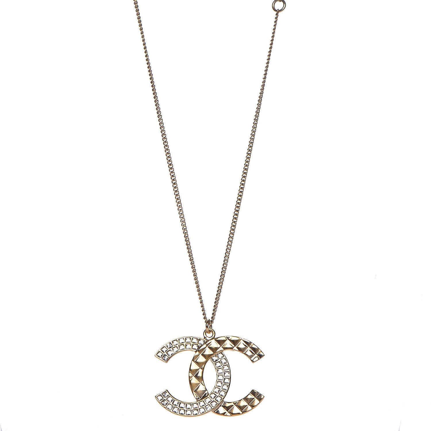Chanel Baguette Crystal Quilted CC Pendant Necklace Gold 1 of 6