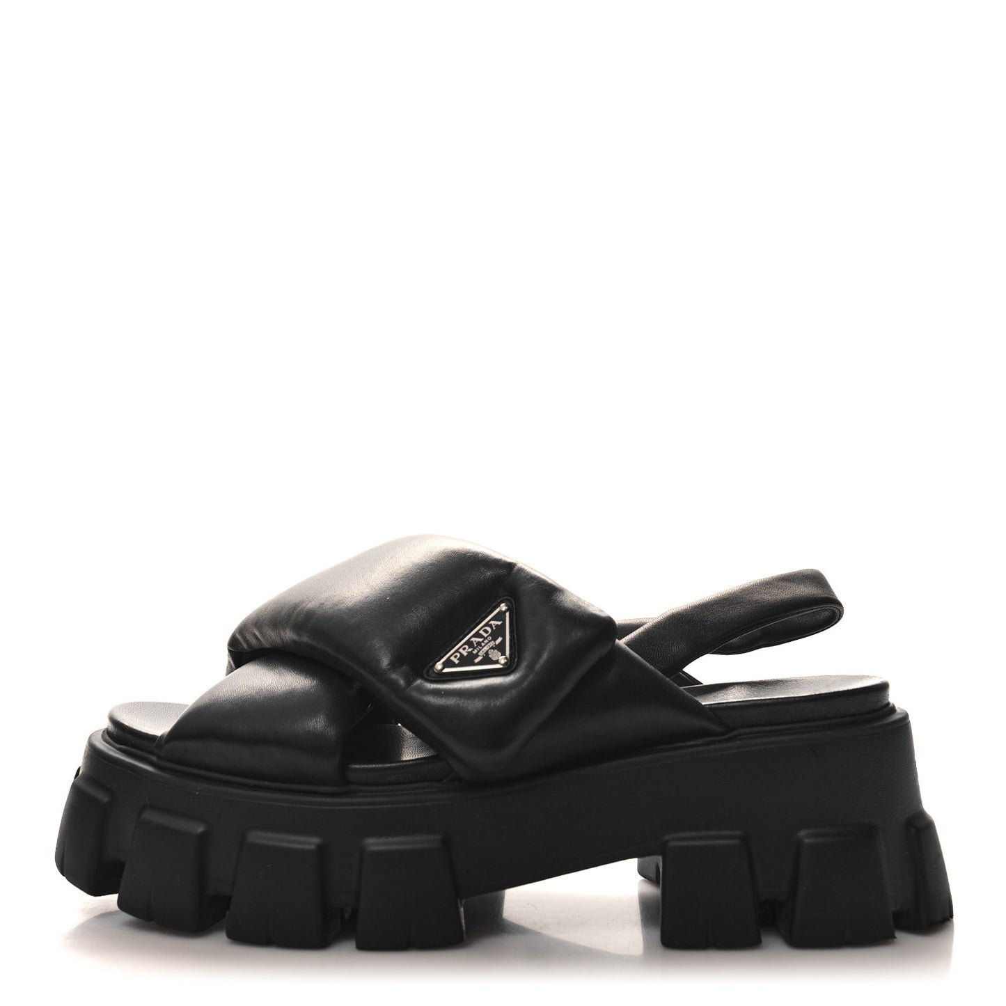 Nappa Soft Metal Triangle Logo Padded Monolith 55mm Slingback Sandals 39.5 Black