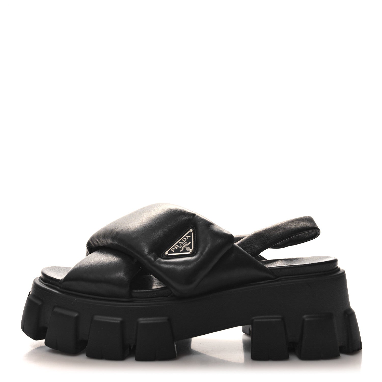 Prada Nappa Soft Metal Triangle Logo Padded Monolith 55mm Slingback Sandals 39.5 Black 1 of 8