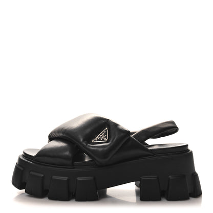 Prada Nappa Soft Metal Triangle Logo Padded Monolith 55mm Slingback Sandals 39.5 Black 1 of 8