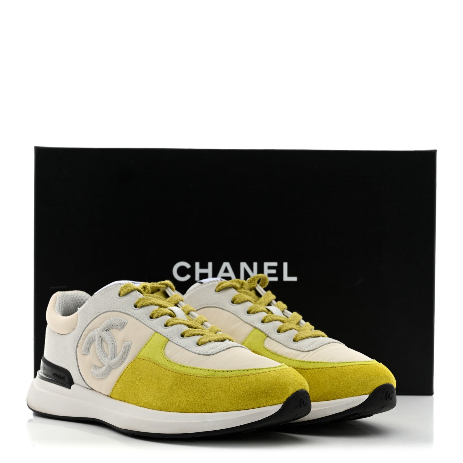 Chanel Fabric Suede Calfskin Logo Sneakers 41 Ivory Light Gray Yellow 11 of 11