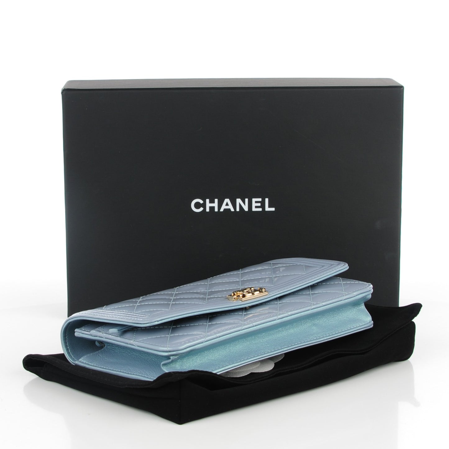 Iridescent Calfskin Quilted Boy Wallet On Chain WOC Light Blue