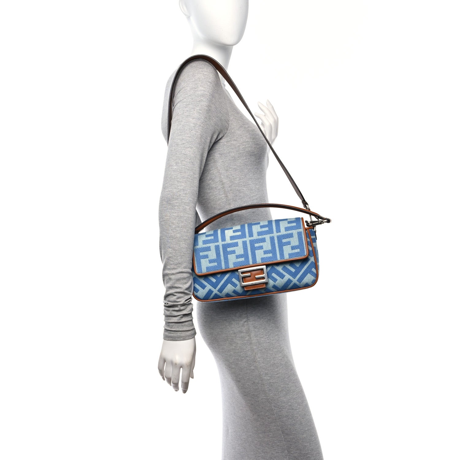 Fendi Denim Vitello King FF Embroidered Baguette Denim Chiaro Brandy 3 of 9