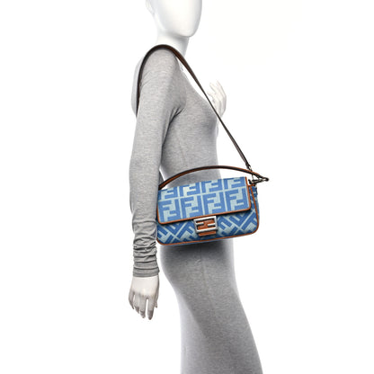 Fendi Denim Vitello King FF Embroidered Baguette Denim Chiaro Brandy 3 of 9