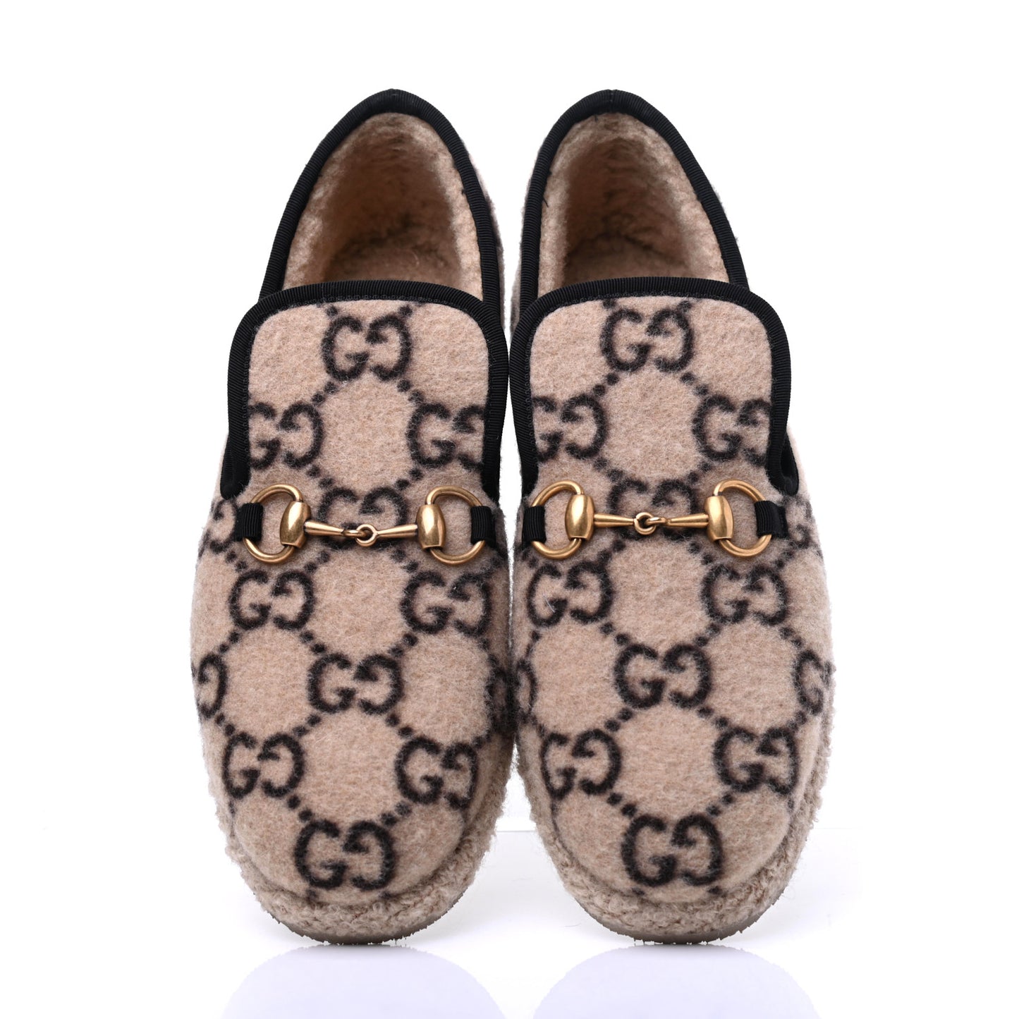 Covered Wool GG Monogram Womens Fria Horsebit Loafers 38.5 Beige Ebony Black Butterscotch