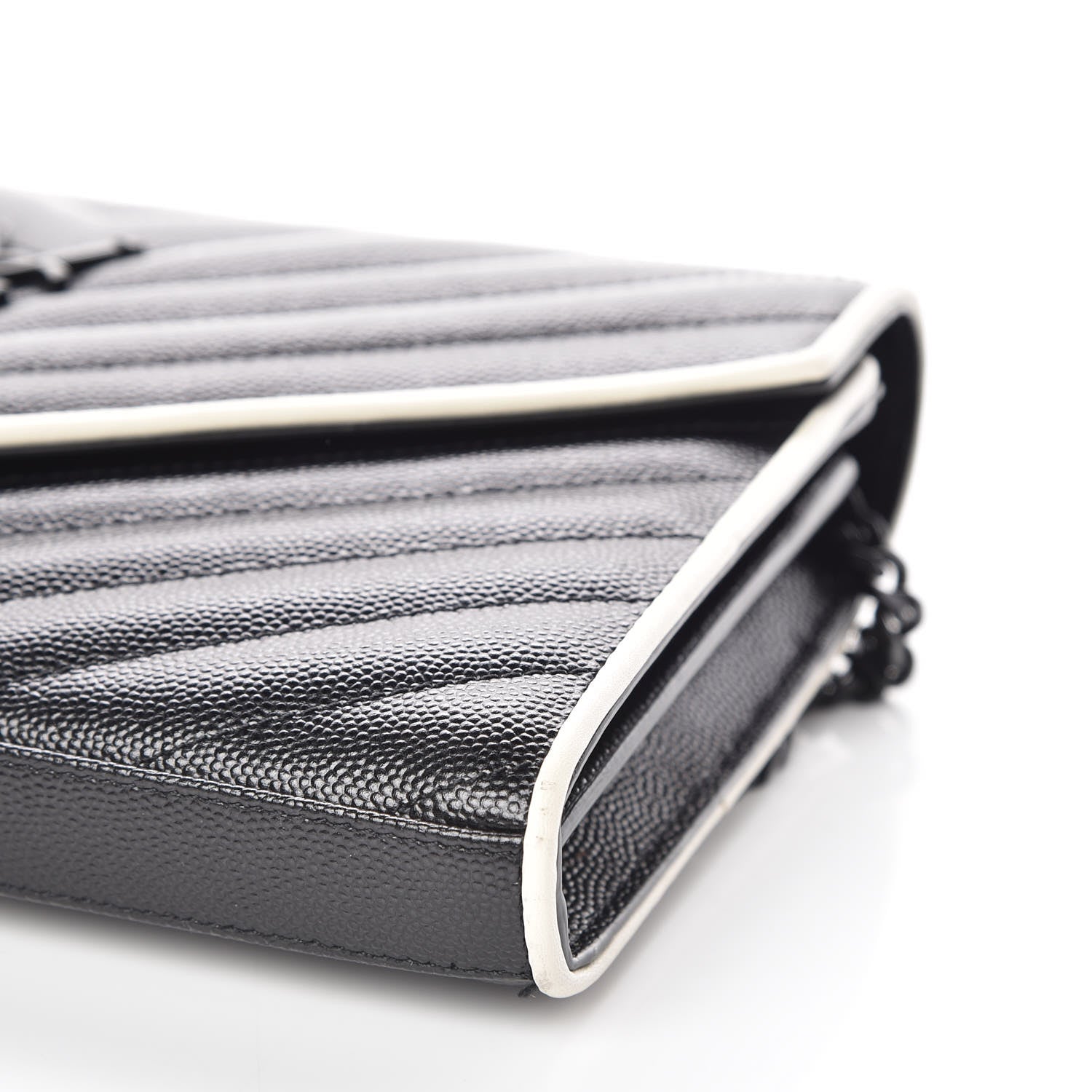 Saint Laurent Grain De Poudre Matelasse Chevron Monogram Chain Wallet Black White 13 of 14