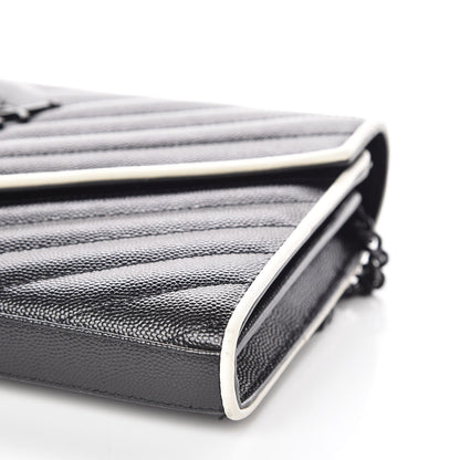Saint Laurent Grain De Poudre Matelasse Chevron Monogram Chain Wallet Black White 13 of 14