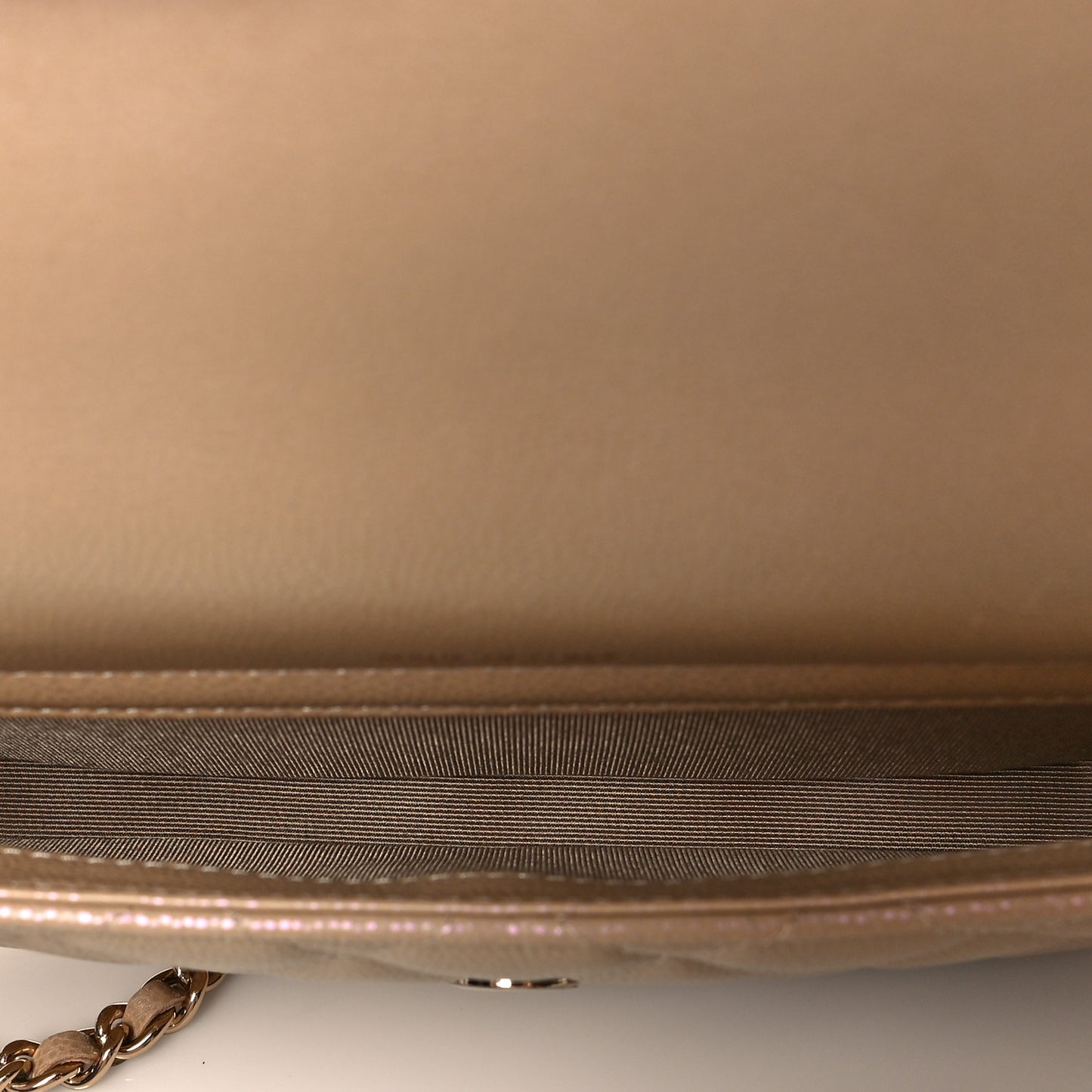 Iridescent Caviar Quilted Flap Phone Holder With Chain Beige