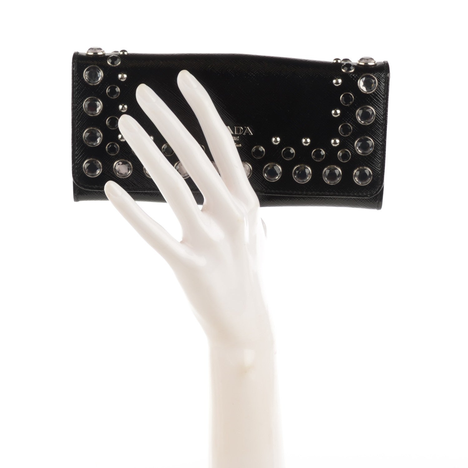 Prada Saffiano Vernice Crystal Studded Continental Wallet Black 2 of 8