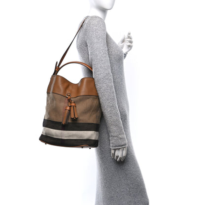 Burberry Grainy Calfskin Canvas Mega Check Medium Ashby Tassel Hobo Saddle Brown 2 of 14