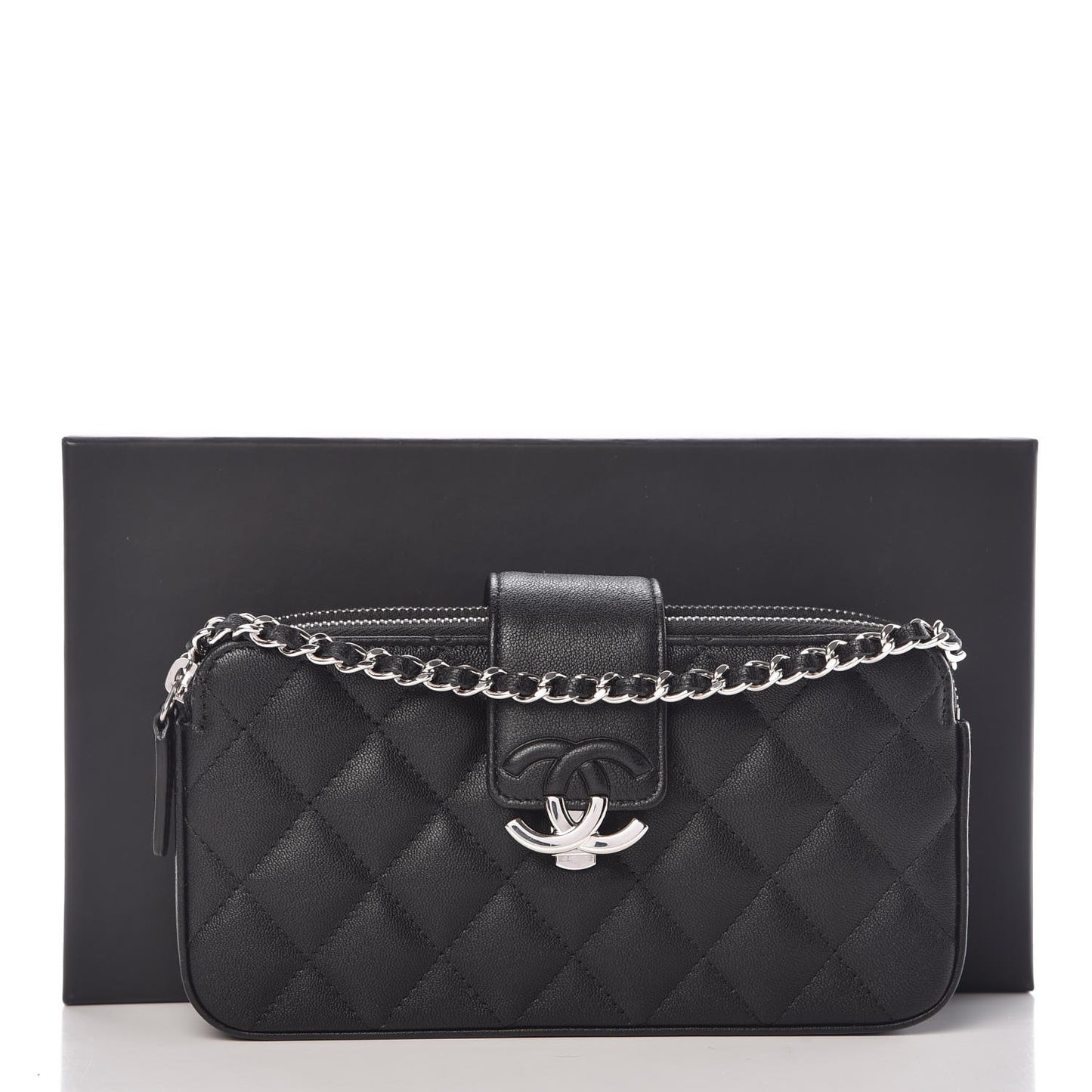 Lambskin Quilted CC Box Clutch With Chain Black