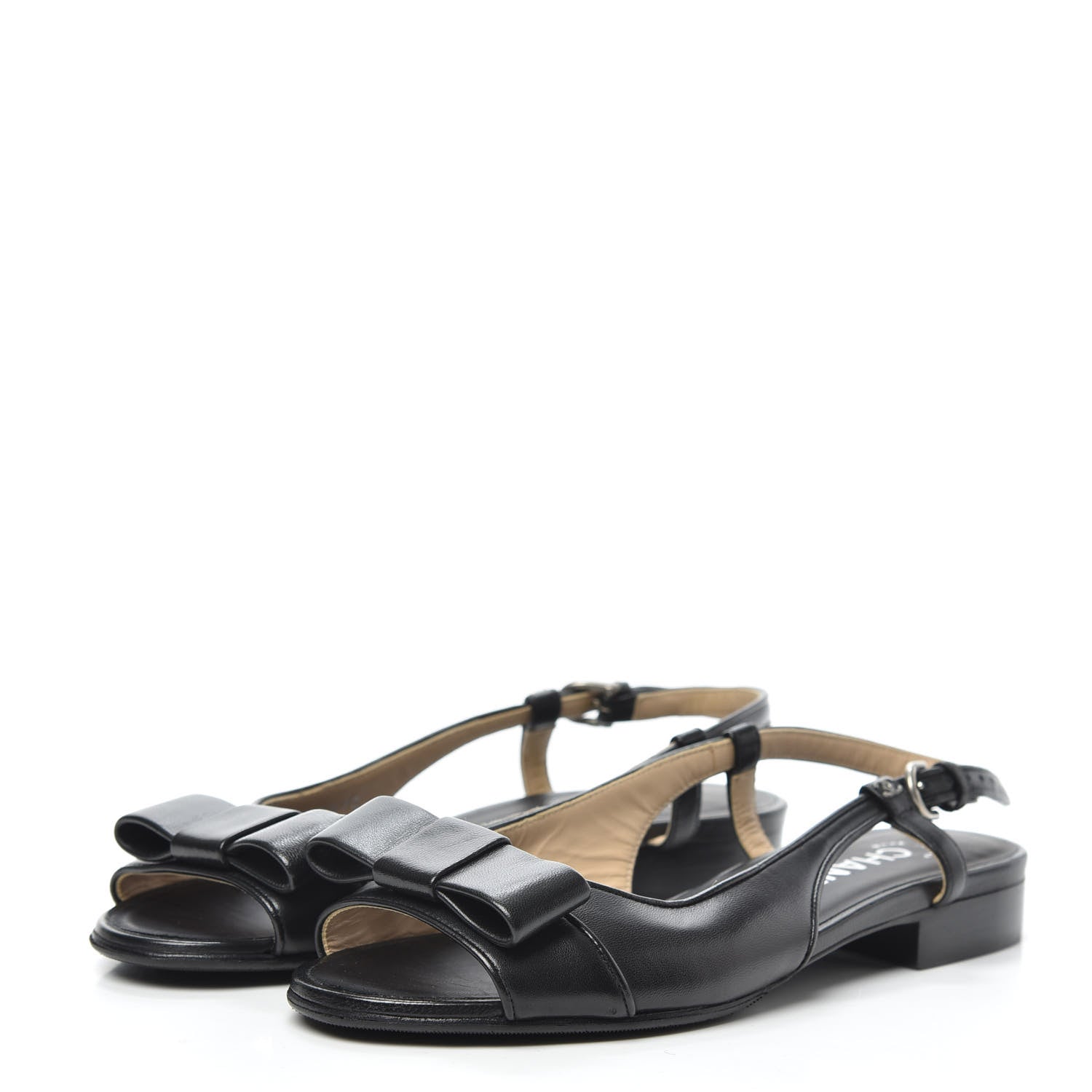 Chanel Lambskin Peep Toe Bow Slingback Flats 37 Black 3 of 6