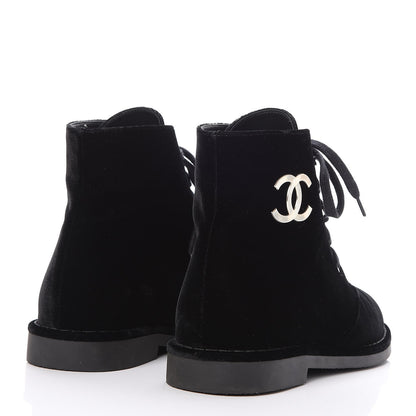 Chanel Velvet CC Lace Up Boots 38 Black 4 of 9