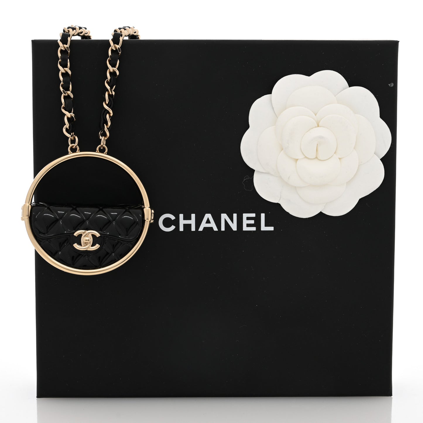 Metal Resin Quilted Flap Bag Hoop Mirror Necklace Black Gold