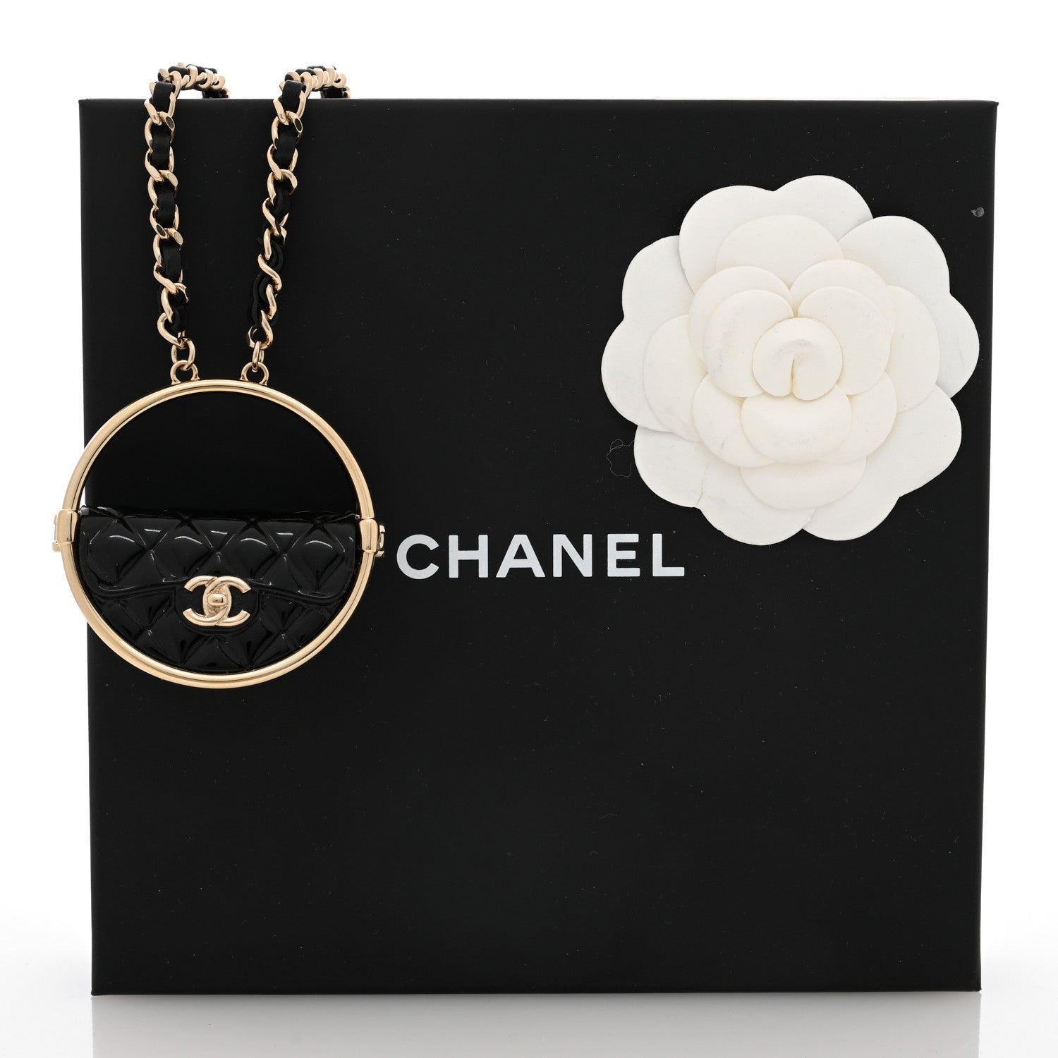 Chanel Metal Resin Quilted Flap Bag Hoop Mirror Necklace Black Gold 6 of 6