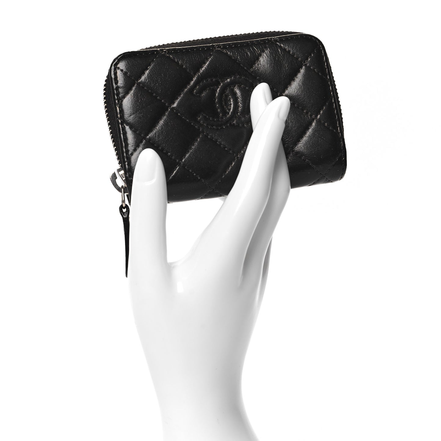 Lambskin Quilted Diamond CC Zip Around Coin Purse Black