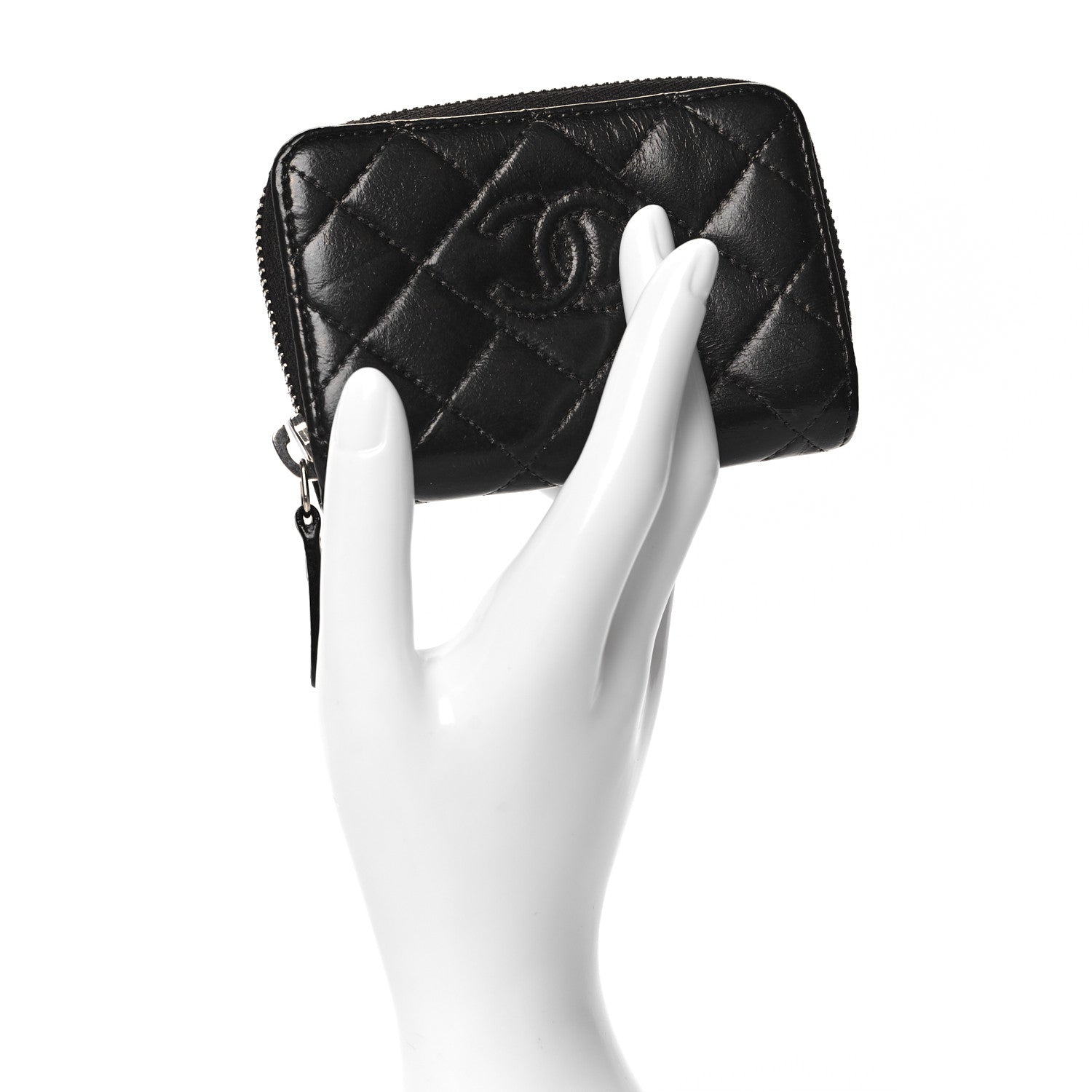 Chanel Lambskin Quilted Diamond CC Zip Around Coin Purse Black 2 of 7