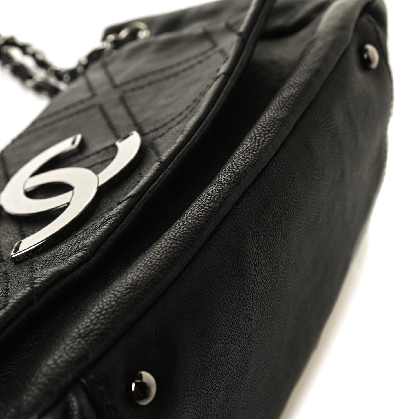 Calfskin Diamond Stitch Accordion Flap Black
