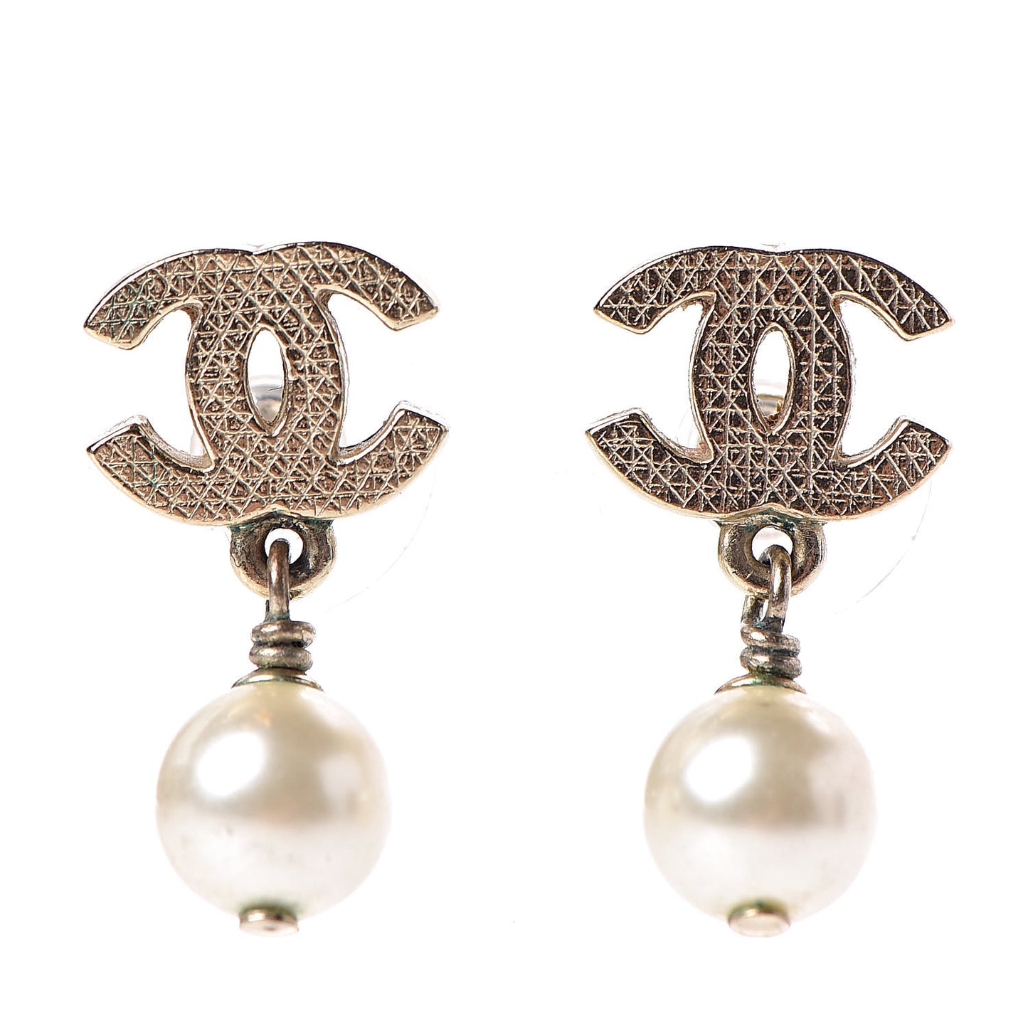 Pearl Quilted CC Drop Earrings Gold
