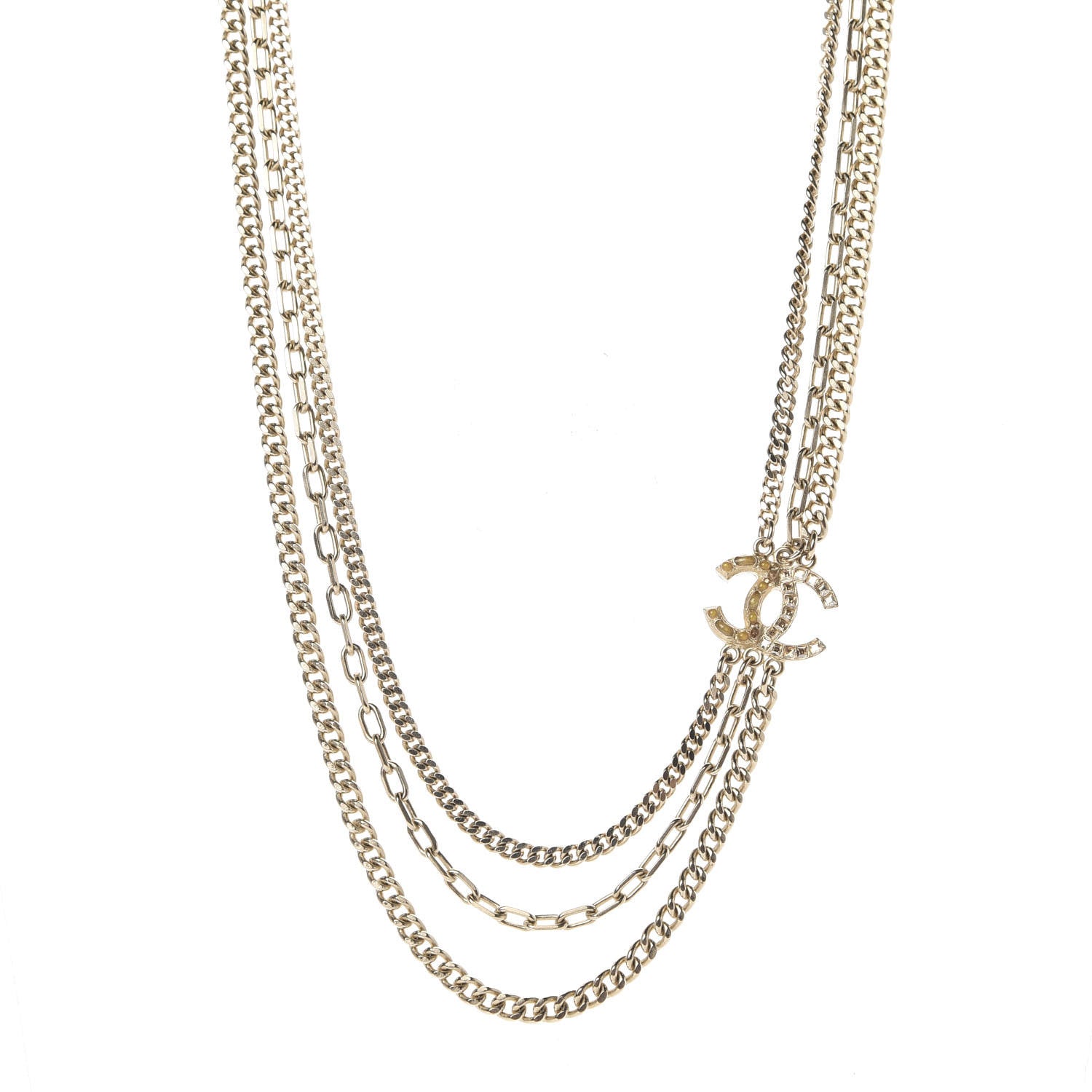 Chanel Baguette Crystal Gripoix Poured Glass CC Multi Strand Chain Necklace Light Gold 1 of 5
