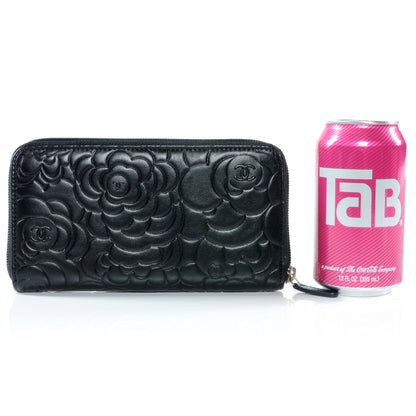 Chanel Lambskin Camellia Embossed Large Zip Around Gusset Wallet Black 2 of 9