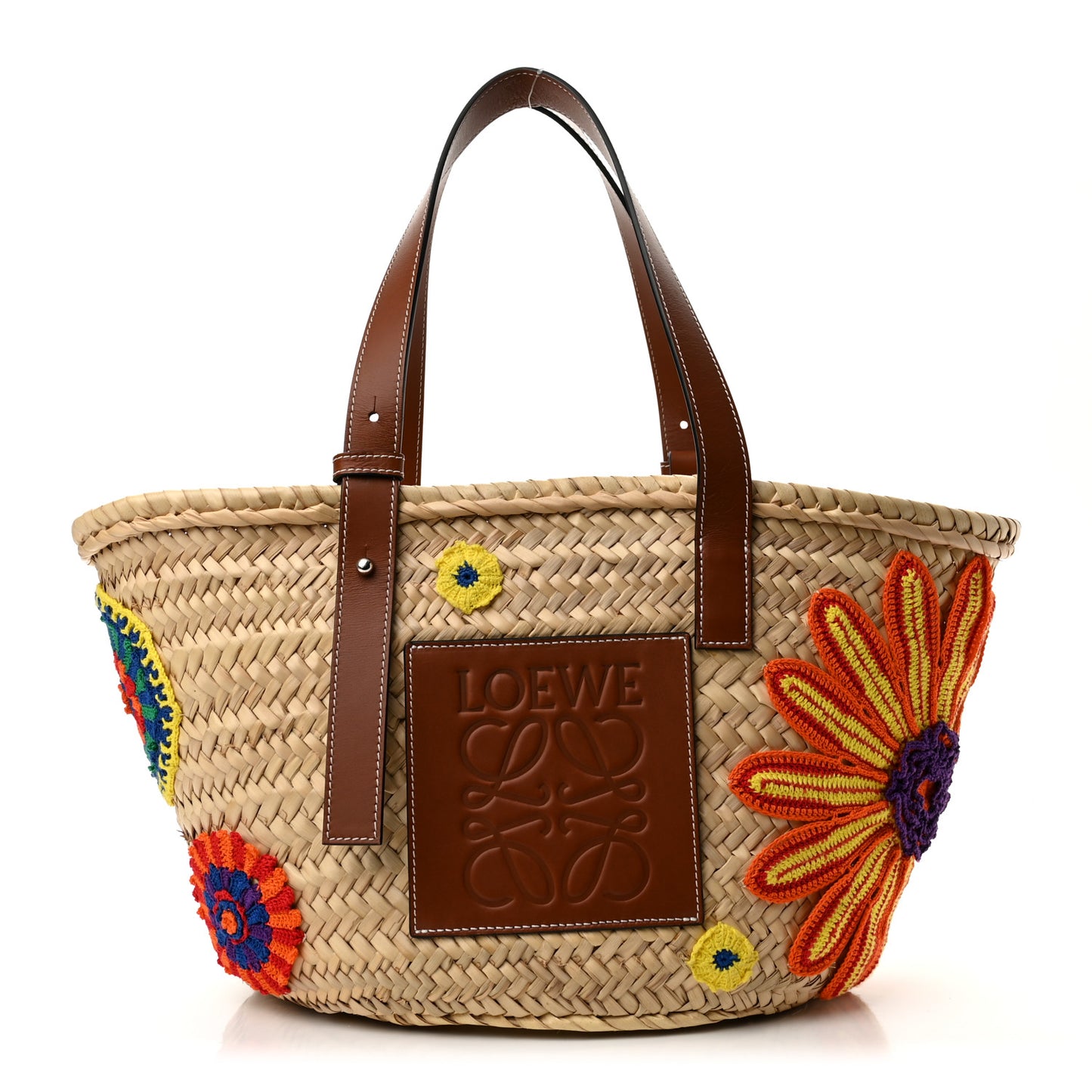 Raffia Floral Embroidered Small Basket Tote Bag Natural Tan