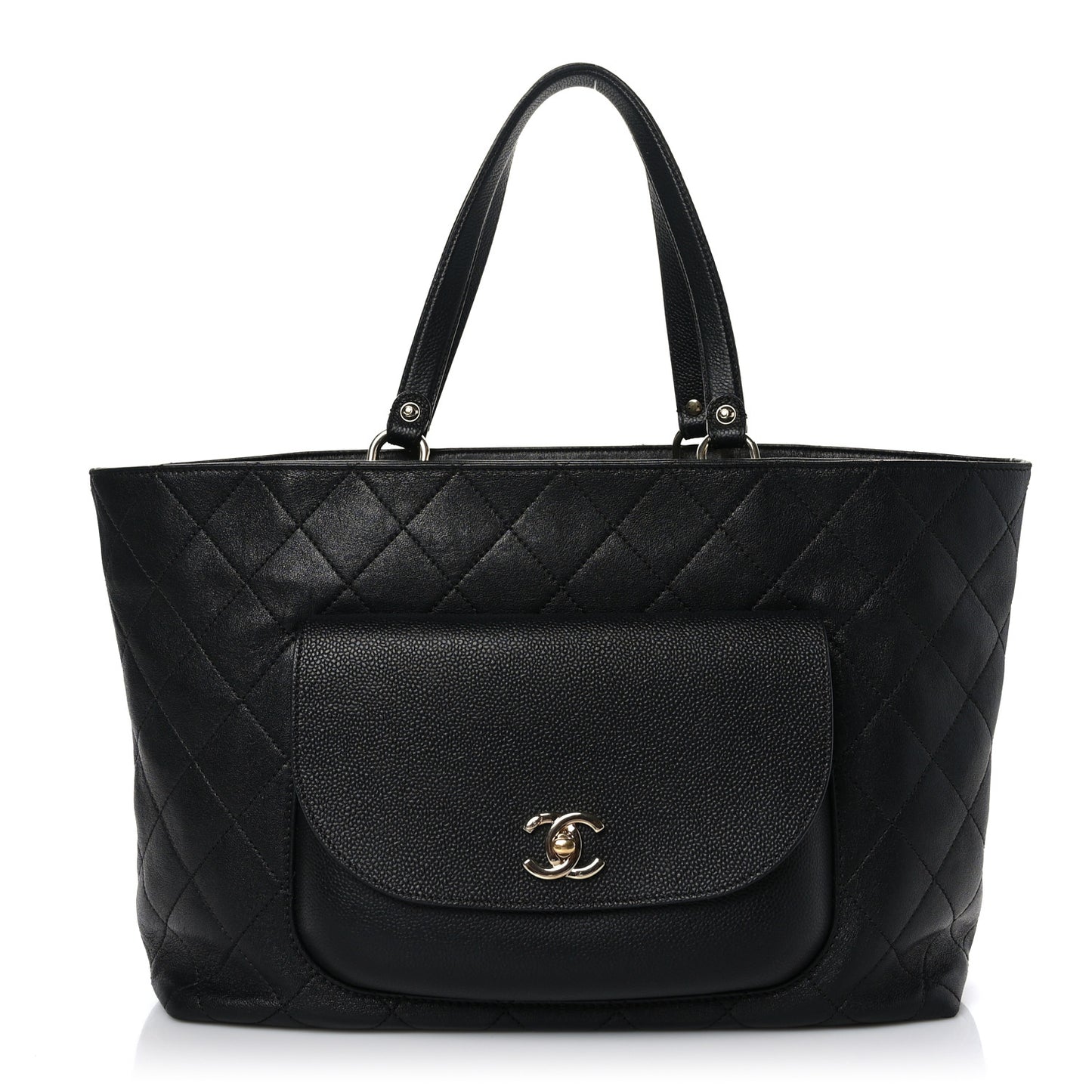 Sheepskin Caviar Quilted Large Shopping Tote Black