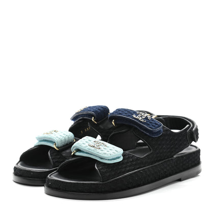 Chanel Knit Fabric Velcro Dad Sandals 37.5 Black Dark Blue Light Blue 3 of 9