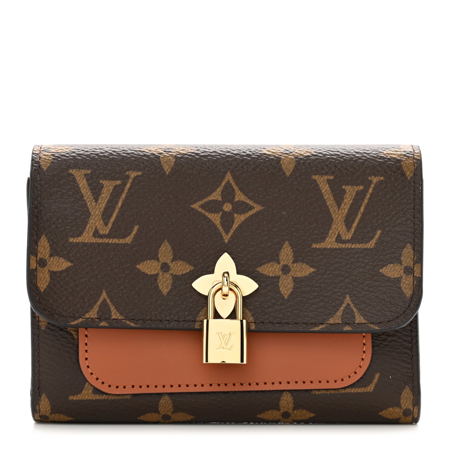 Monogram Flower Lock Compact Wallet Caramel